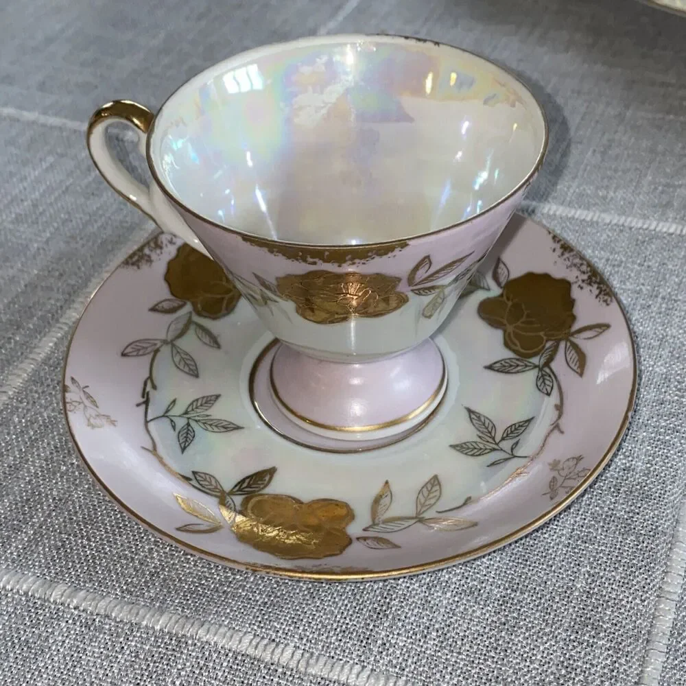 Vintage Lefton Iridescent Gold Rose Cup and Saucer Cup Set Hand Painted
